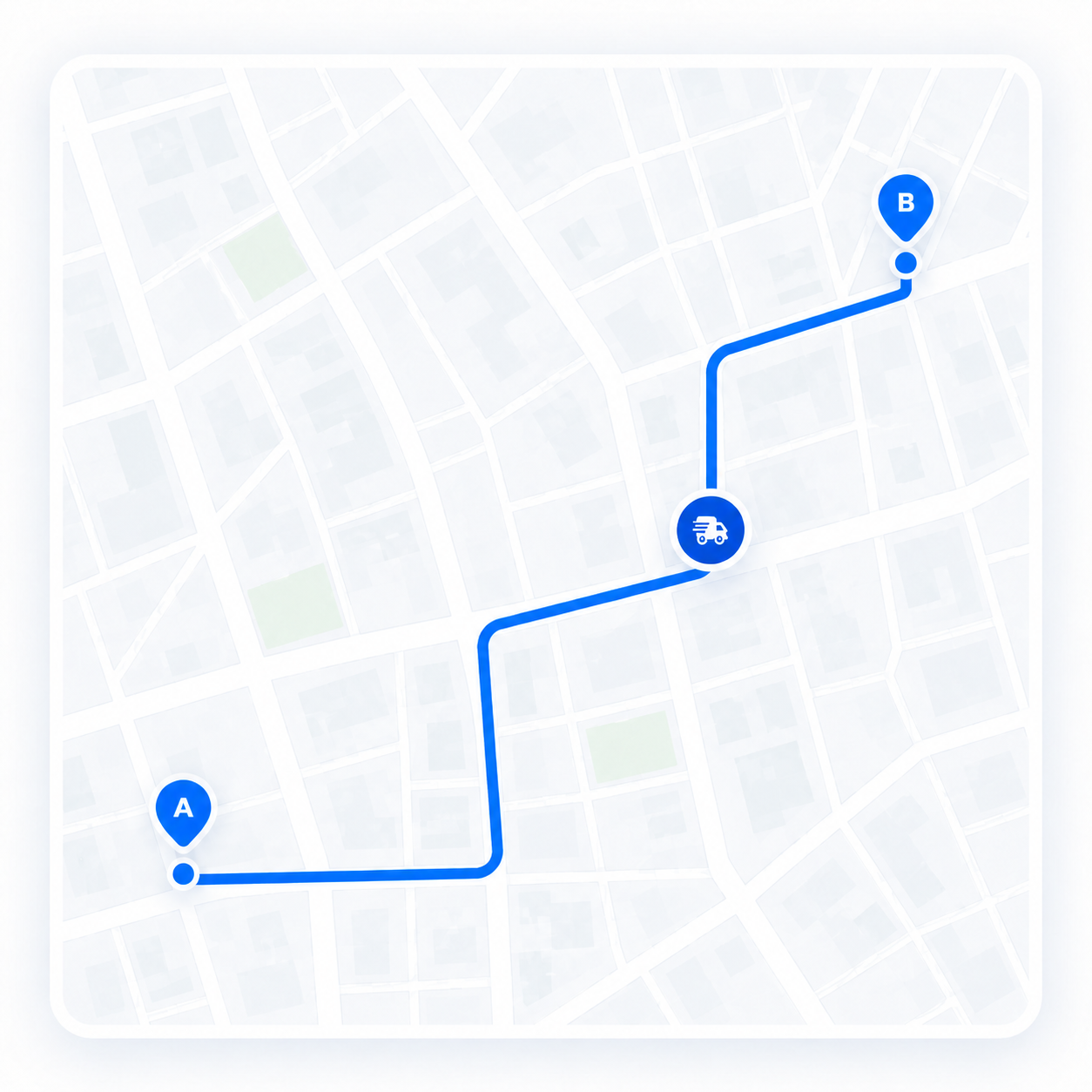 Mapa ilustrado con una ruta de entrega entre dos puntos y un delivery en recorrido.